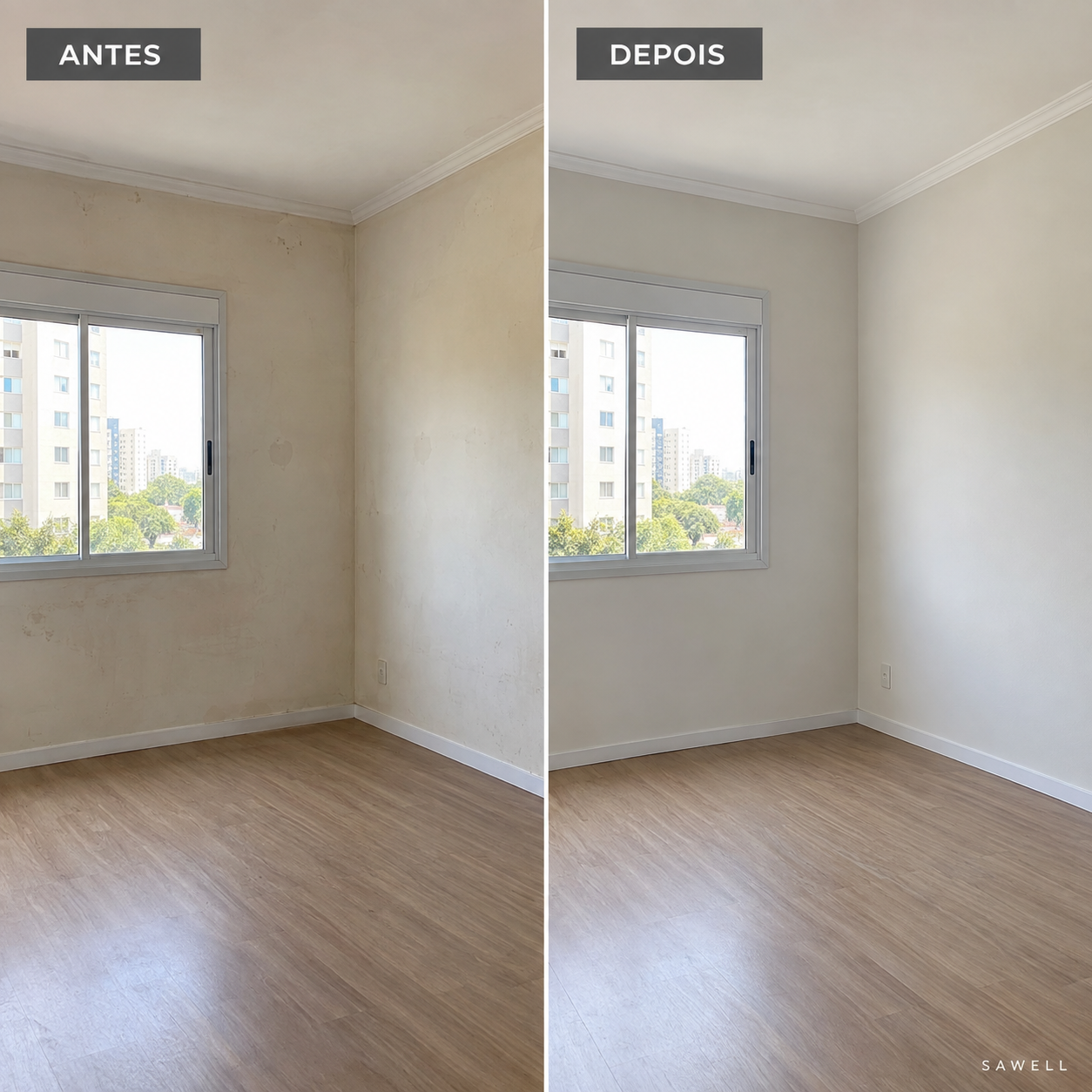 Antes e depois de um quarto: paredes com marcas e paredes renovadas em tom claro